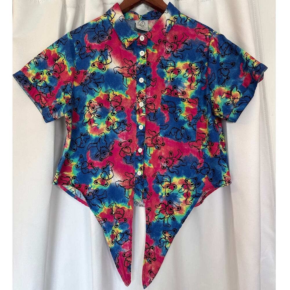 Grateful Dead Tie Dye Tie Front Crop Top Dancing Bears Print Womens Large